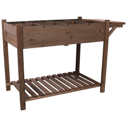 8 Pockets Horticulture Raised Garden Bed Elevated Wood Planter Box Stand with Foldable Side Table and Storage Shelf for Herb/Vegetables/Flowers, dark brown color