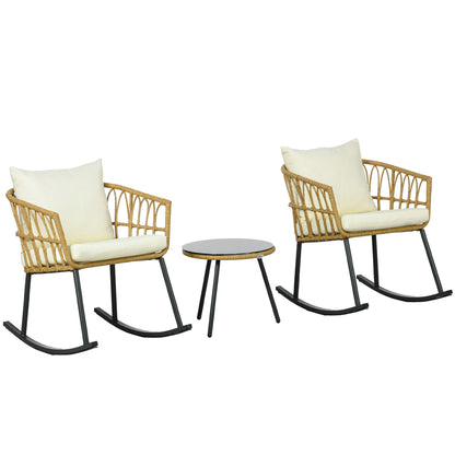 3 Piece Bistro Set with Cushions, Outdoor PE Rattan Wicker Patio Rocking Chair with 2 Porch Rocker Chairs, Glass Top Coffee Table Patio Conversation Set, Cream White