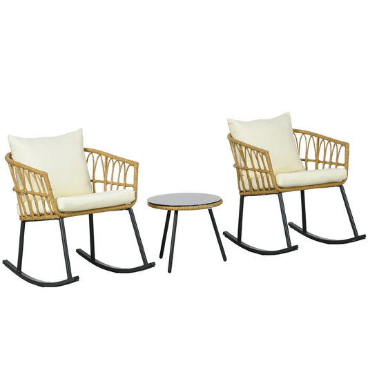 3 Piece Bistro Set with Cushions, Outdoor PE Rattan Wicker Patio Rocking Chair with 2 Porch Rocker Chairs, Glass Top Coffee Table Patio Conversation Set, Cream White