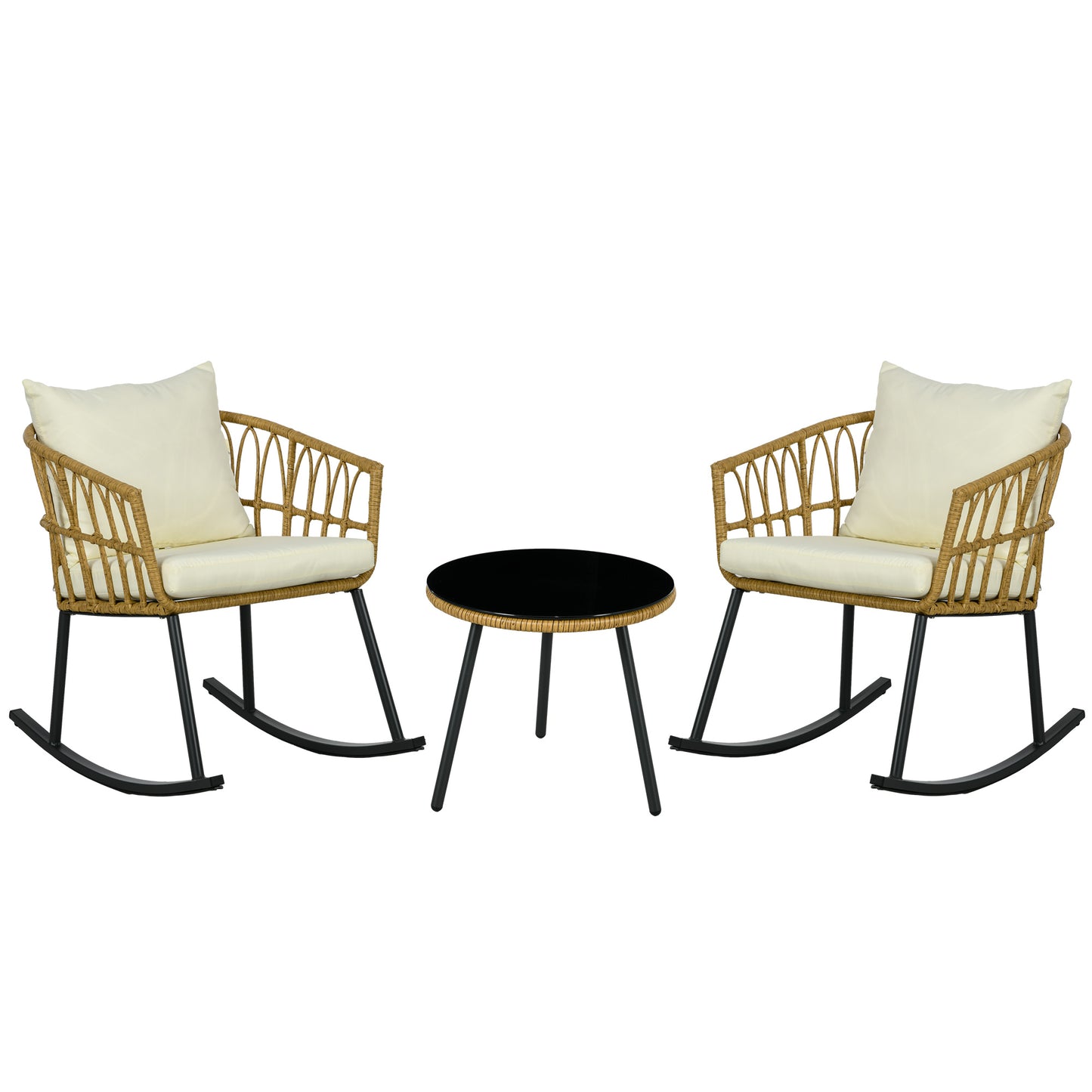 3 Piece Bistro Set with Cushions, Outdoor PE Rattan Wicker Patio Rocking Chair with 2 Porch Rocker Chairs, Glass Top Coffee Table Patio Conversation Set, Cream White