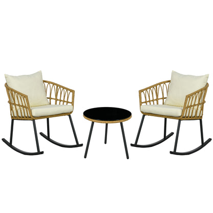 3 Piece Bistro Set with Cushions, Outdoor PE Rattan Wicker Patio Rocking Chair with 2 Porch Rocker Chairs, Glass Top Coffee Table Patio Conversation Set, Cream White