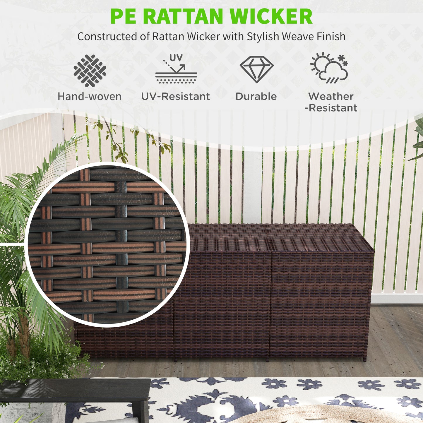 175 Gallon Outdoor Storage Box with Inner Liner, PE Rattan Wicker Deck Box with Pneumatic Bar Lift for Indoor & Outdoor, Patio Furniture Cushions, Pool Toys, Garden Tools, Mixed Brown
