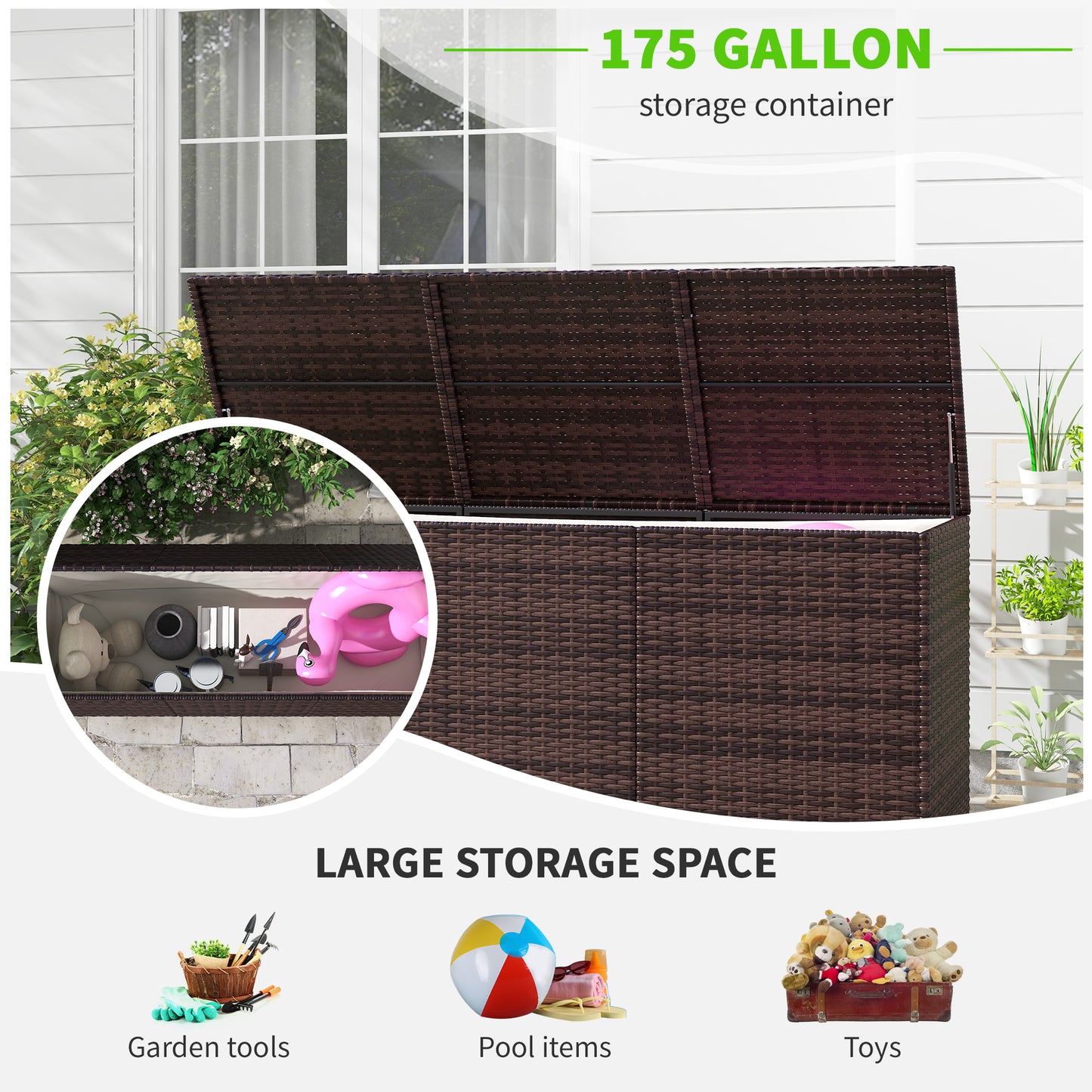 175 Gallon Outdoor Storage Box with Inner Liner, PE Rattan Wicker Deck Box with Pneumatic Bar Lift for Indoor & Outdoor, Patio Furniture Cushions, Pool Toys, Garden Tools, Mixed Brown