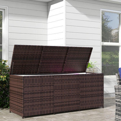175 Gallon Outdoor Storage Box with Inner Liner, PE Rattan Wicker Deck Box with Pneumatic Bar Lift for Indoor & Outdoor, Patio Furniture Cushions, Pool Toys, Garden Tools, Mixed Brown