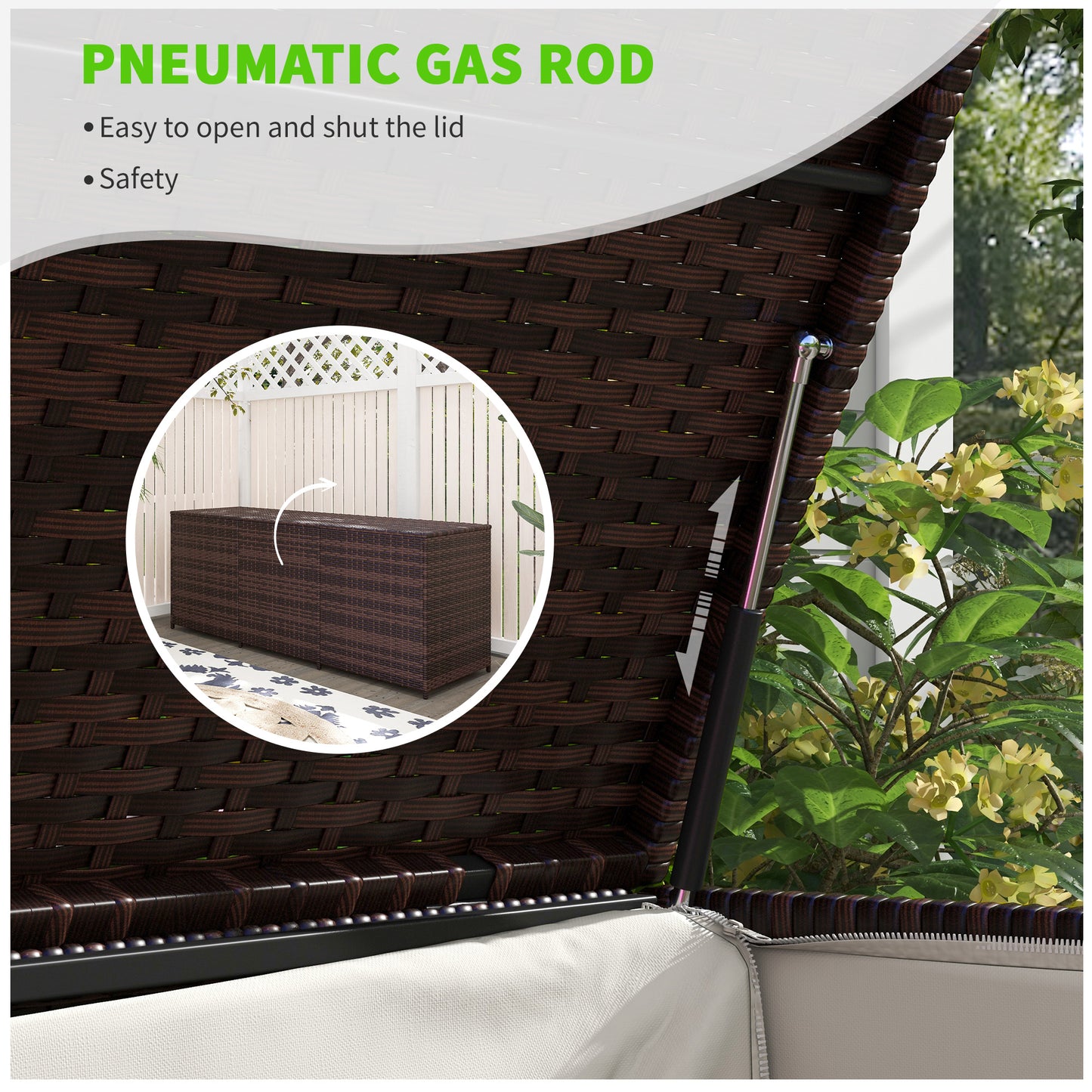 175 Gallon Outdoor Storage Box with Inner Liner, PE Rattan Wicker Deck Box with Pneumatic Bar Lift for Indoor & Outdoor, Patio Furniture Cushions, Pool Toys, Garden Tools, Mixed Brown