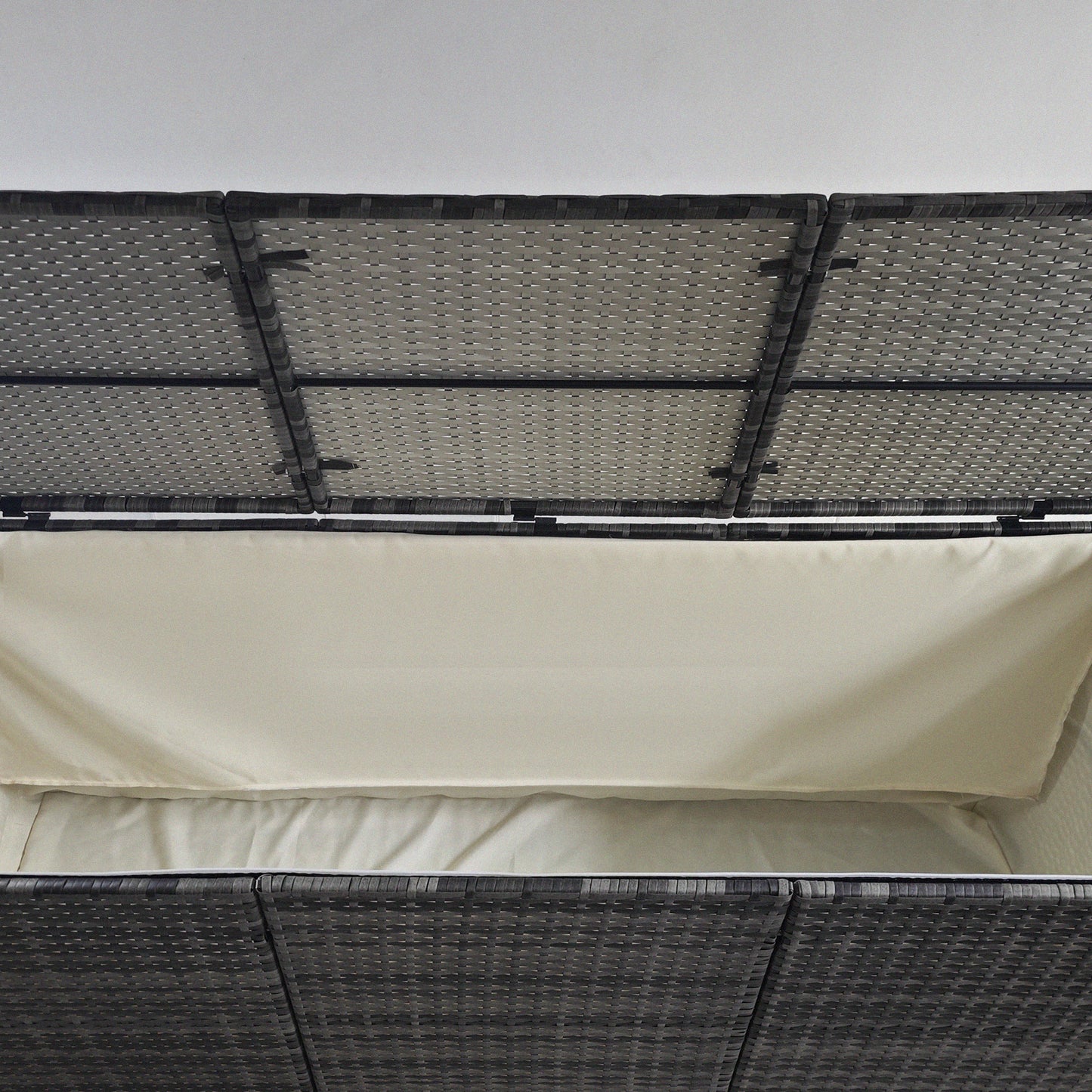 175 Gallon Outdoor Storage Box with Inner Liner, PE Rattan Wicker Deck Box with Pneumatic Bar Lift for Indoor & Outdoor, Patio Furniture Cushions, Pool Toys, Garden Tools, Mixed Gray