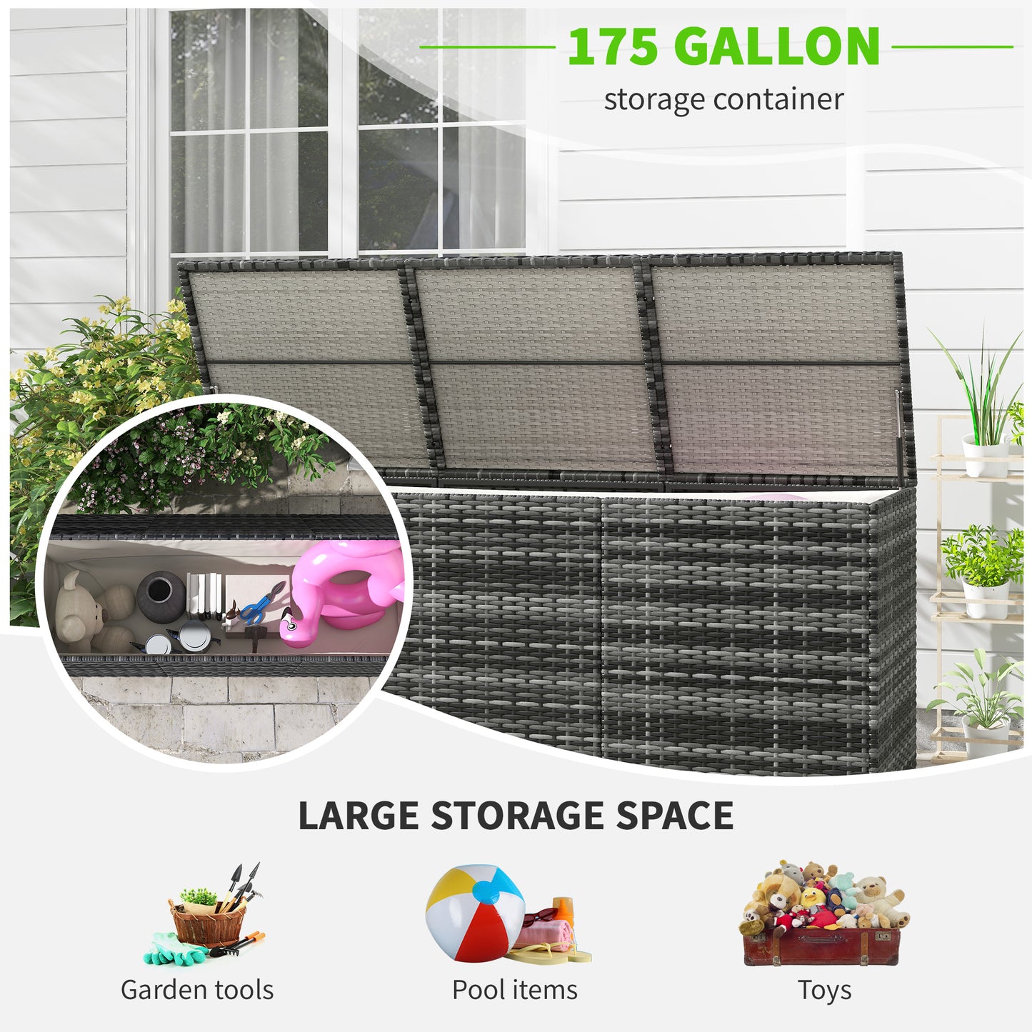 175 Gallon Outdoor Storage Box with Inner Liner, PE Rattan Wicker Deck Box with Pneumatic Bar Lift for Indoor & Outdoor, Patio Furniture Cushions, Pool Toys, Garden Tools, Mixed Gray