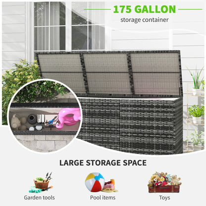 175 Gallon Outdoor Storage Box with Inner Liner, PE Rattan Wicker Deck Box with Pneumatic Bar Lift for Indoor & Outdoor, Patio Furniture Cushions, Pool Toys, Garden Tools, Mixed Gray