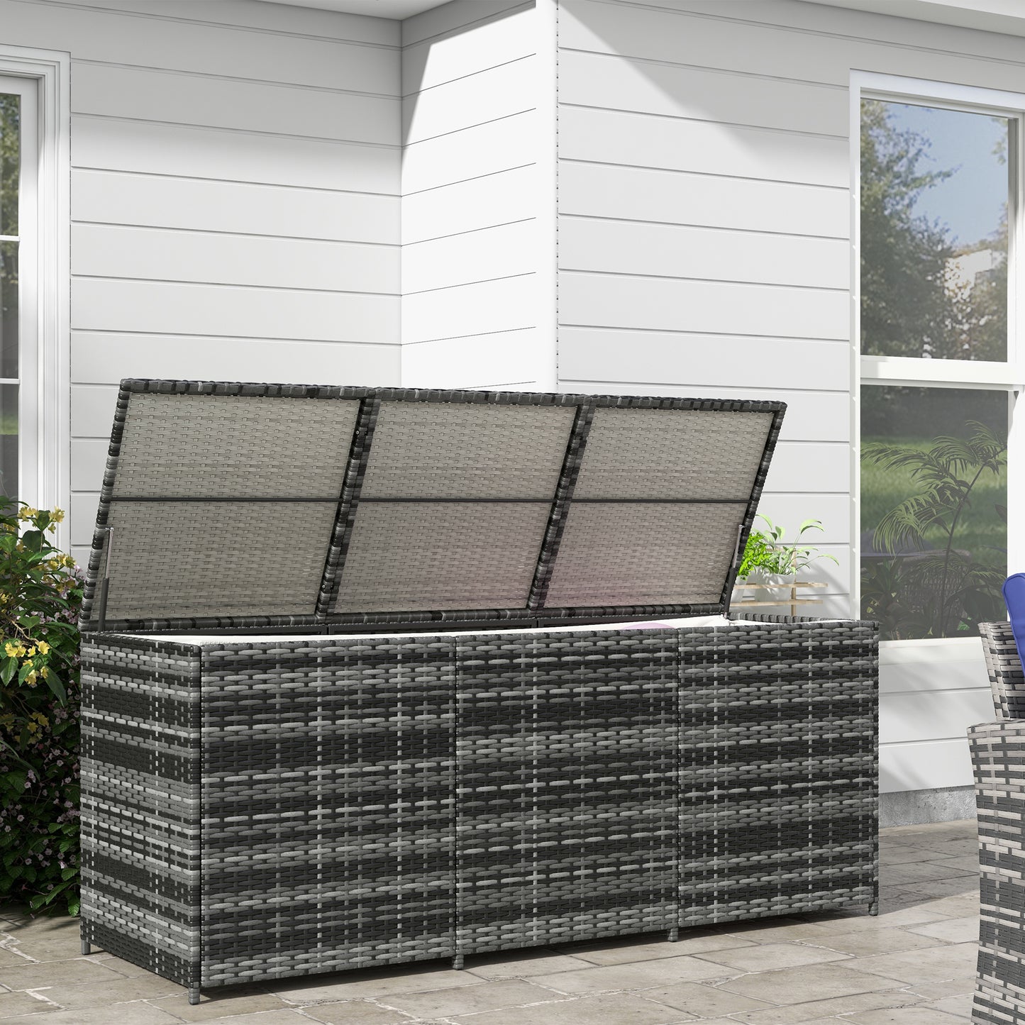 175 Gallon Outdoor Storage Box with Inner Liner, PE Rattan Wicker Deck Box with Pneumatic Bar Lift for Indoor & Outdoor, Patio Furniture Cushions, Pool Toys, Garden Tools, Mixed Gray