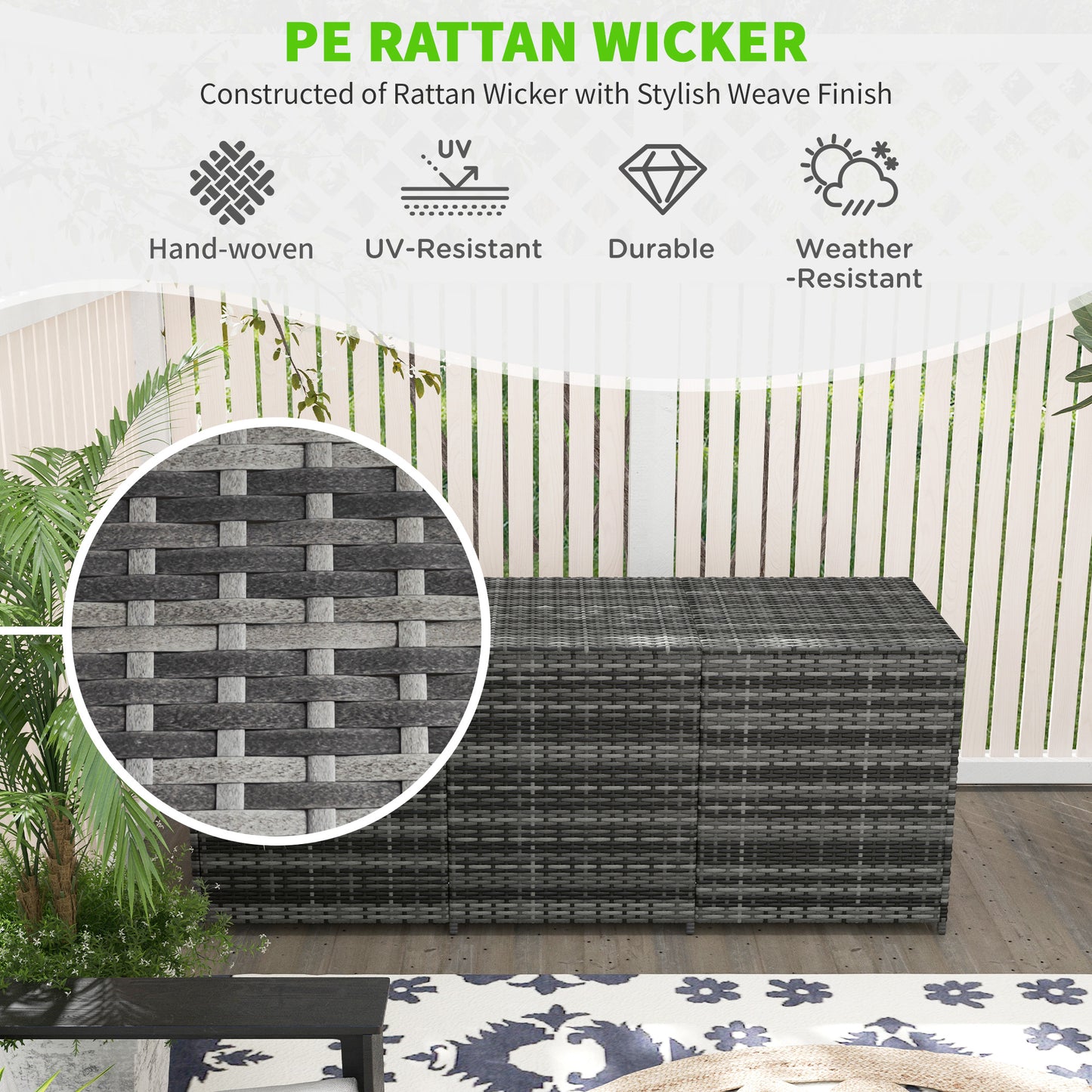 175 Gallon Outdoor Storage Box with Inner Liner, PE Rattan Wicker Deck Box with Pneumatic Bar Lift for Indoor & Outdoor, Patio Furniture Cushions, Pool Toys, Garden Tools, Mixed Gray