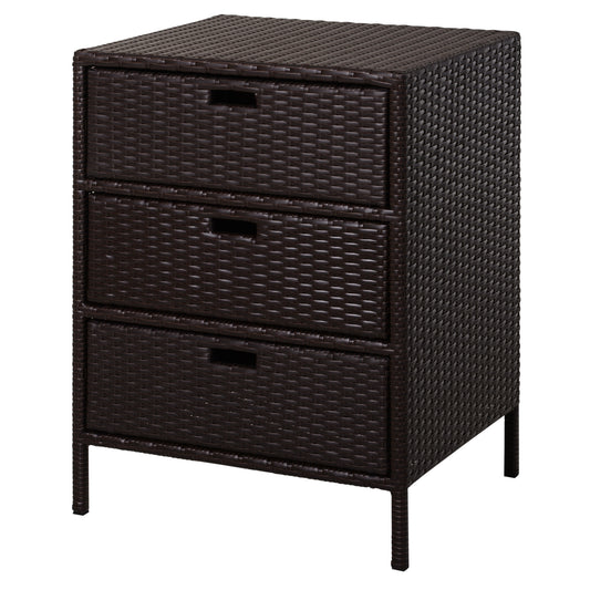 Outsunny Outdoor Towel Cabinet, PE Rattan Pool Storage Organizer, Freestanding Outdoor Towel Rack for Pool with 3 Drawers and Weather Safe Material, Brown