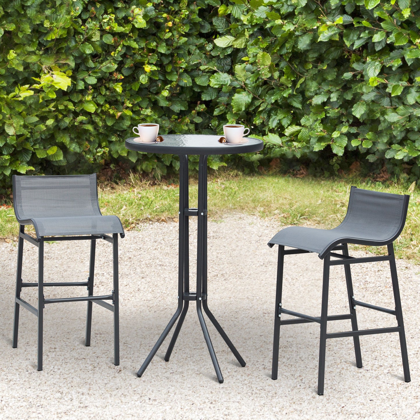 3 Piece Bar Height Outdoor Bistro Set for 2, Round Patio Pub Table 2 Bar Chairs with Comfortable Design & Strong Build, Charcoal Gray