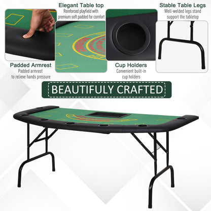 Soozier Poker Table Foldable, 72" Blackjack Table for 7 Players with Chip & Cup Holder, Green Felt