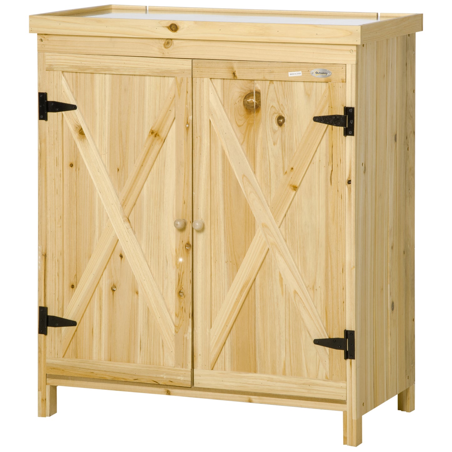 Outsunny Garden Storage Cabinet, Outdoor Tool Shed with Galvanized Top and Two Shelves for Yard Tools or Pool Accessories, Natural