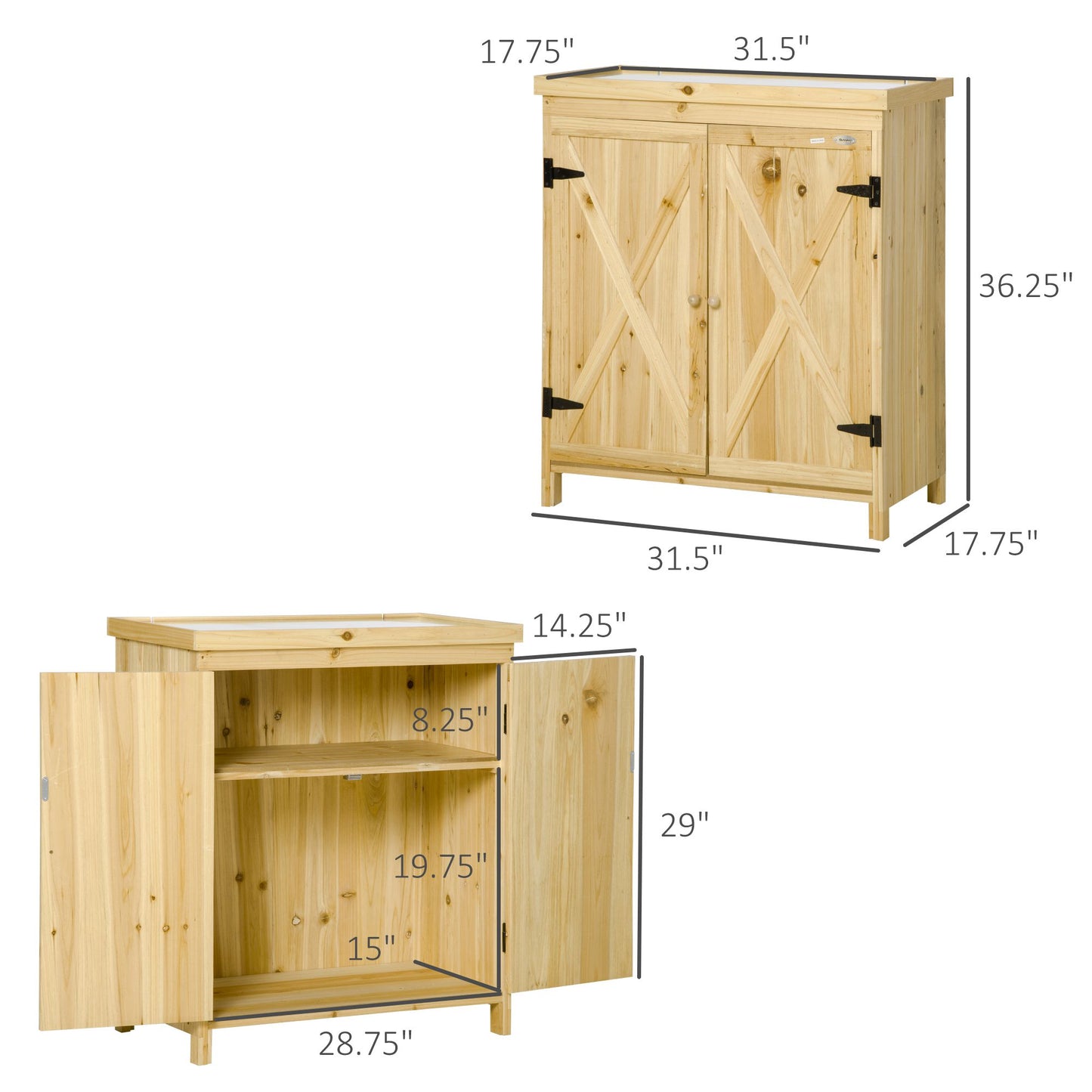 Outsunny Garden Storage Cabinet, Outdoor Tool Shed with Galvanized Top and Two Shelves for Yard Tools or Pool Accessories, Natural