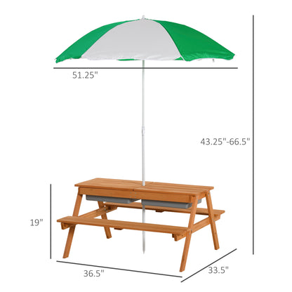 Kids Picnic Table with Umbrella and Storage Inside, Sand and Water Table, Kids Outdoor Furniture, Wooden Bench Backyard Furniture for Garden, Patio, or Balcony