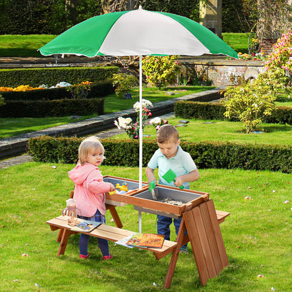 Kids Picnic Table with Umbrella and Storage Inside, Sand and Water Table, Kids Outdoor Furniture, Wooden Bench Backyard Furniture for Garden, Patio, or Balcony
