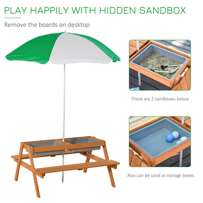 Kids Picnic Table with Umbrella and Storage Inside, Sand and Water Table, Kids Outdoor Furniture, Wooden Bench Backyard Furniture for Garden, Patio, or Balcony