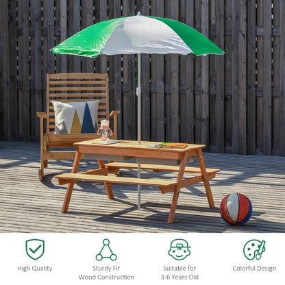 Kids Picnic Table with Umbrella and Storage Inside, Sand and Water Table, Kids Outdoor Furniture, Wooden Bench Backyard Furniture for Garden, Patio, or Balcony