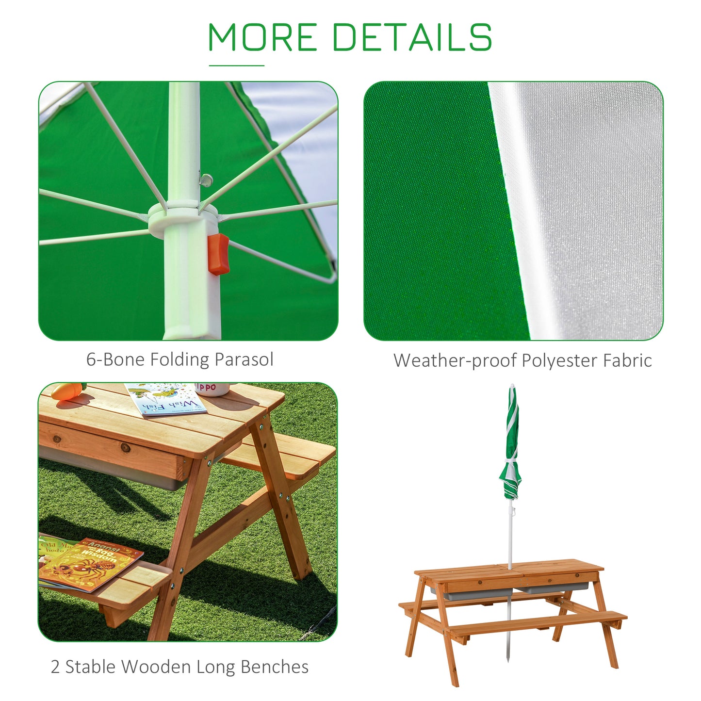 Kids Picnic Table with Umbrella and Storage Inside, Sand and Water Table, Kids Outdoor Furniture, Wooden Bench Backyard Furniture for Garden, Patio, or Balcony