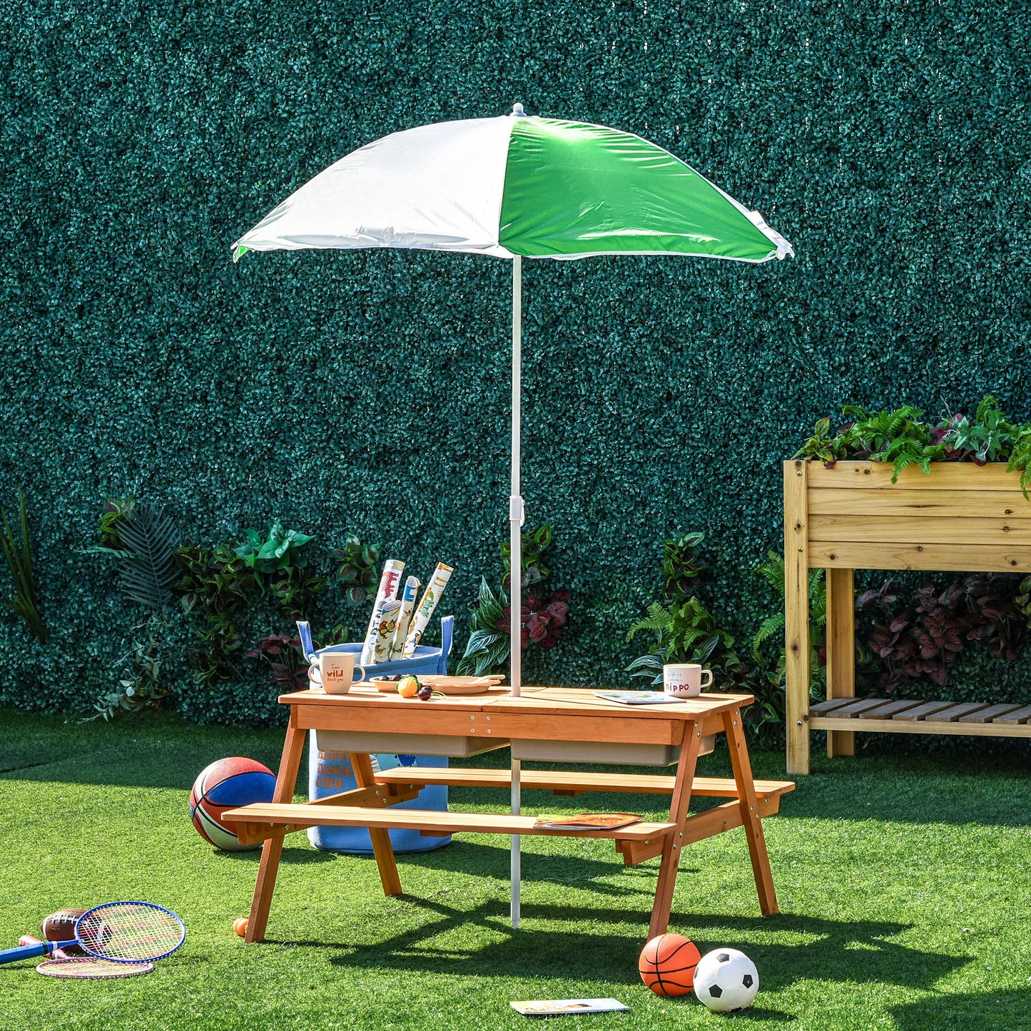 Kids Picnic Table with Umbrella and Storage Inside, Sand and Water Table, Kids Outdoor Furniture, Wooden Bench Backyard Furniture for Garden, Patio, or Balcony