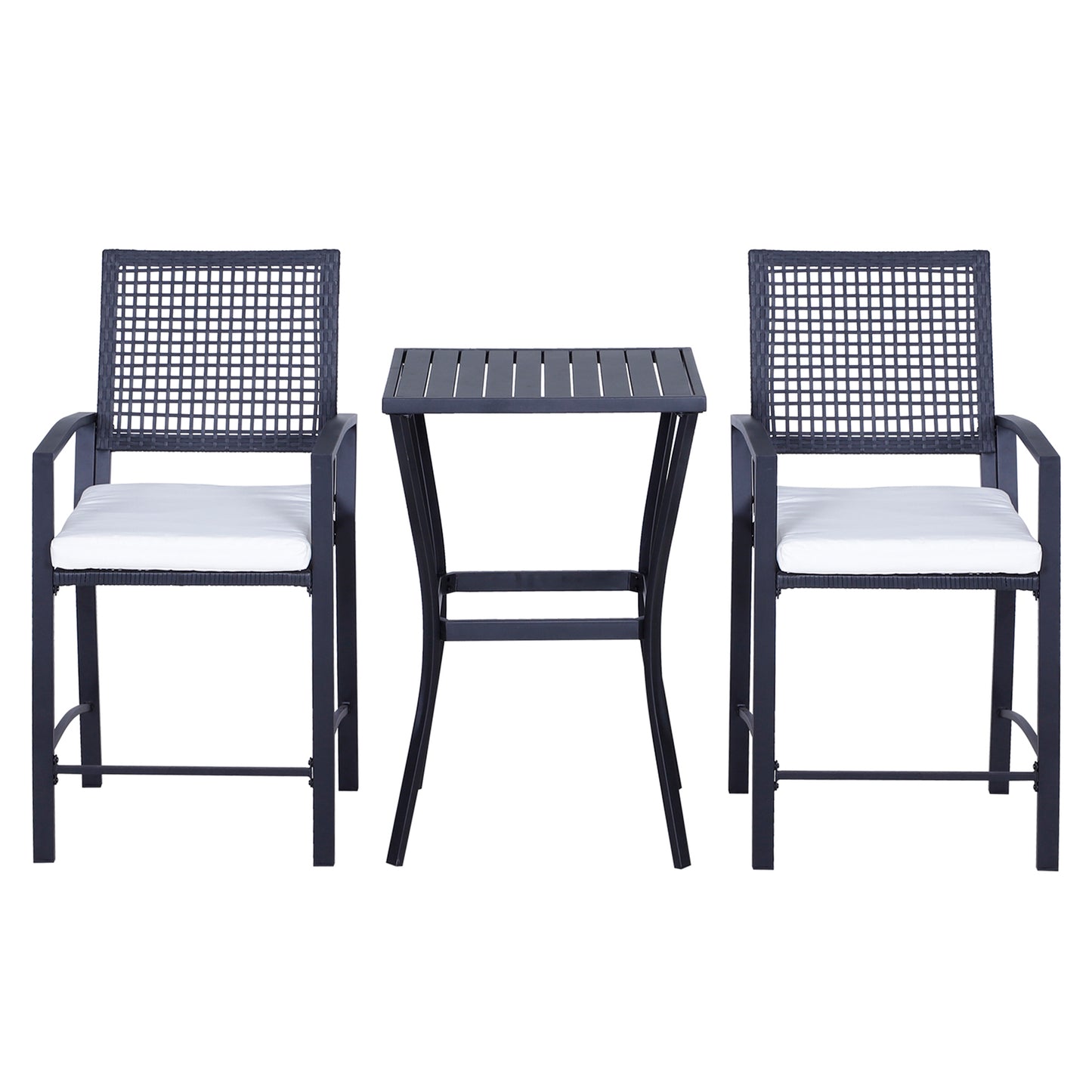 Outsunny 3pcs Patio Bar Set with Soft Cushion, Rattan Wicker Outdoor Furniture Set for Backyards, Lawn, Deck, Poolside