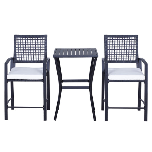 Outsunny 3pcs Patio Bar Set with Soft Cushion, Rattan Wicker Outdoor Furniture Set for Backyards, Lawn, Deck, Poolside