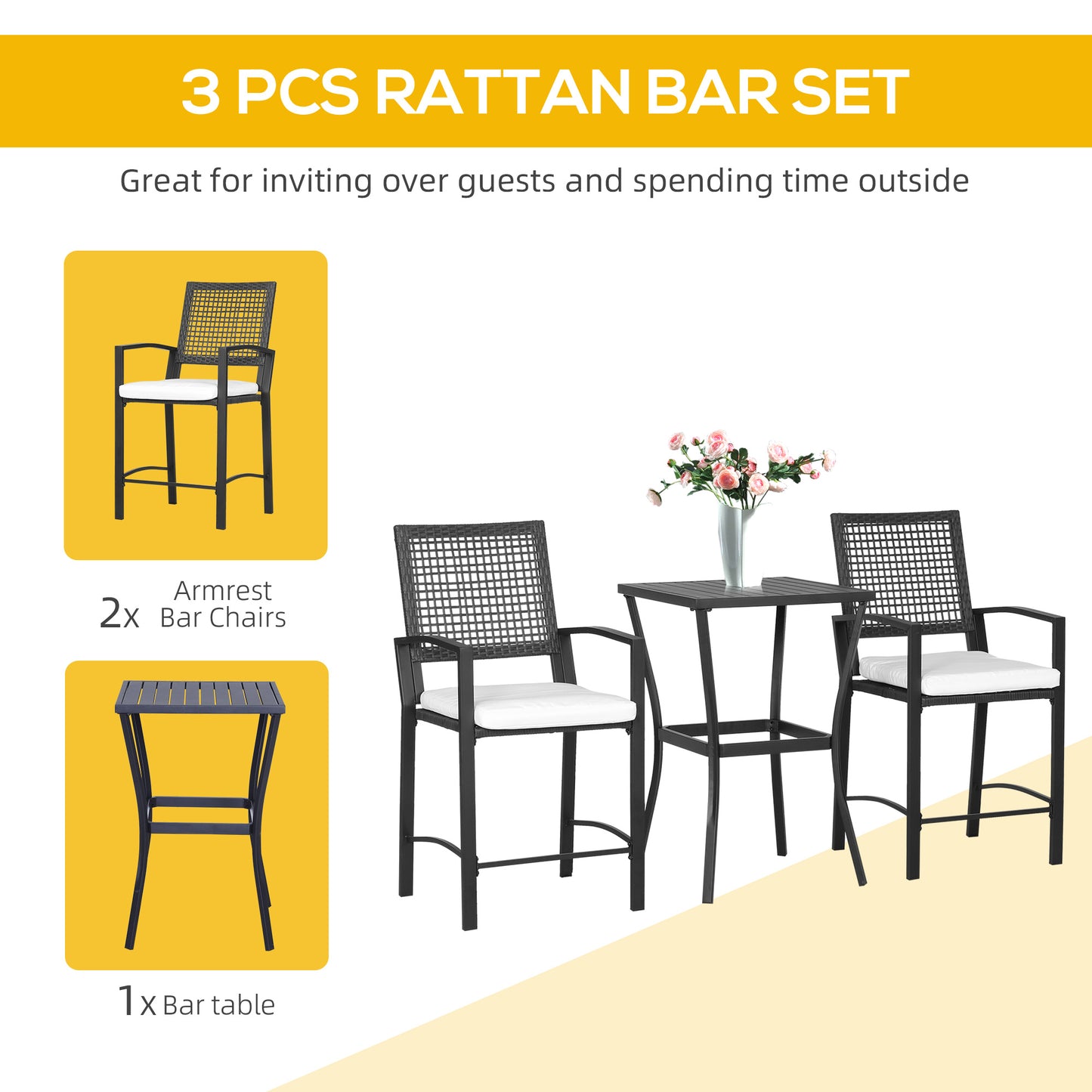 Outsunny 3pcs Patio Bar Set with Soft Cushion, Rattan Wicker Outdoor Furniture Set for Backyards, Lawn, Deck, Poolside