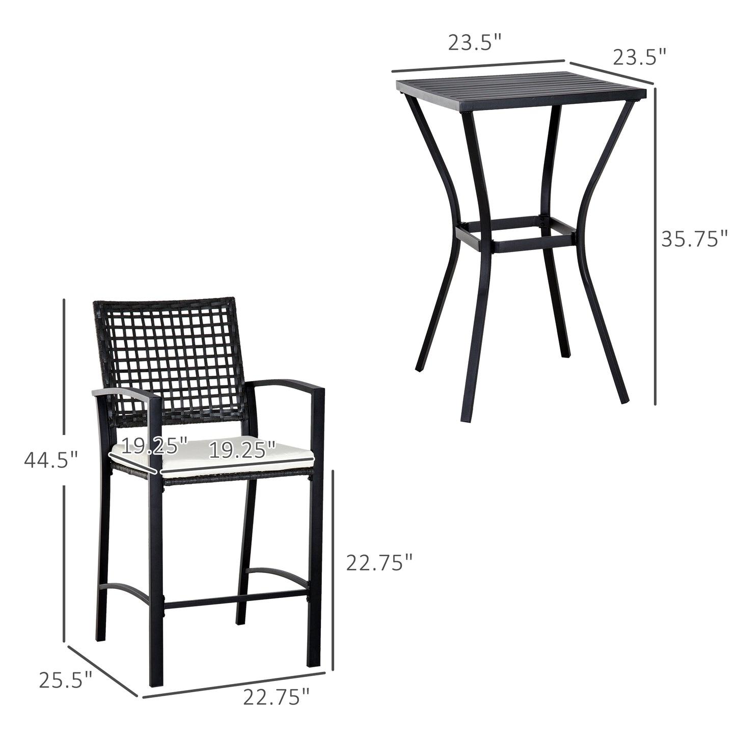 Outsunny 3pcs Patio Bar Set with Soft Cushion, Rattan Wicker Outdoor Furniture Set for Backyards, Lawn, Deck, Poolside
