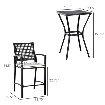 Outsunny 3pcs Patio Bar Set with Soft Cushion, Rattan Wicker Outdoor Furniture Set for Backyards, Lawn, Deck, Poolside