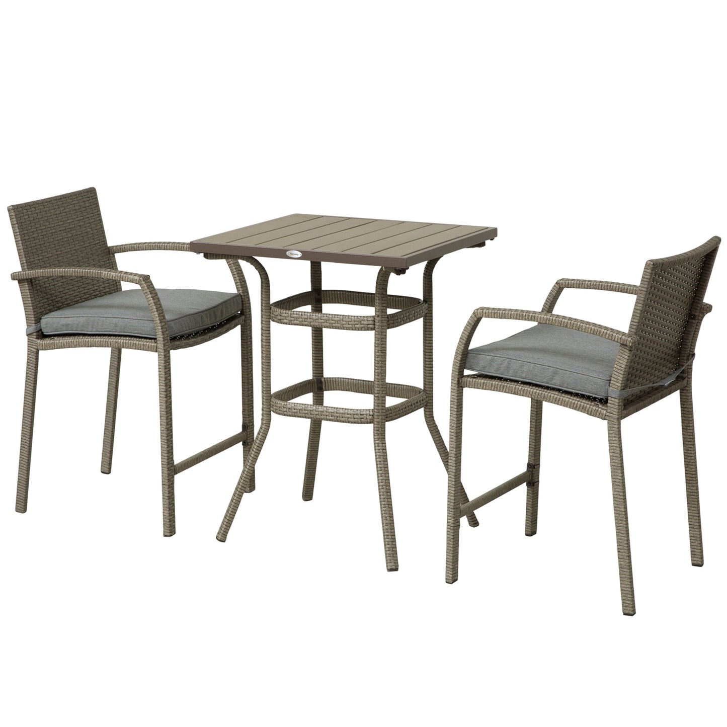 3 PCS Rattan Wicker Bar Set with Wood Grain Top Table and 2 Bar Stools for Outdoor, Patio, Poolside, Garden, Grey