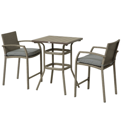 3 PCS Rattan Wicker Bar Set with Wood Grain Top Table and 2 Bar Stools for Outdoor, Patio, Poolside, Garden, Grey