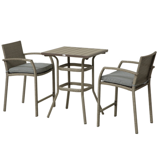 3 PCS Rattan Wicker Bar Set with Wood Grain Top Table and 2 Bar Stools for Outdoor, Patio, Poolside, Garden, Grey