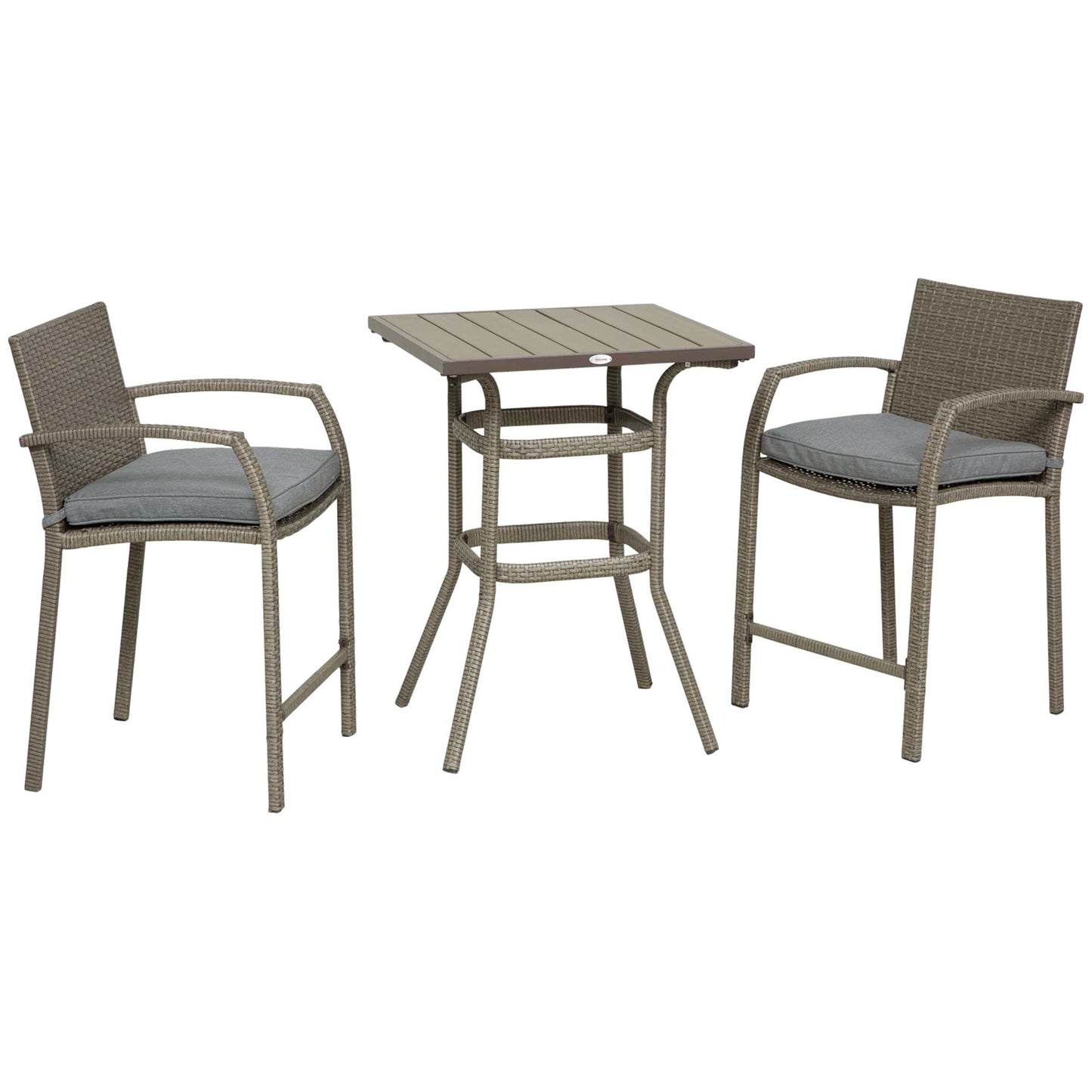 3 PCS Rattan Wicker Bar Set with Wood Grain Top Table and 2 Bar Stools for Outdoor, Patio, Poolside, Garden, Grey
