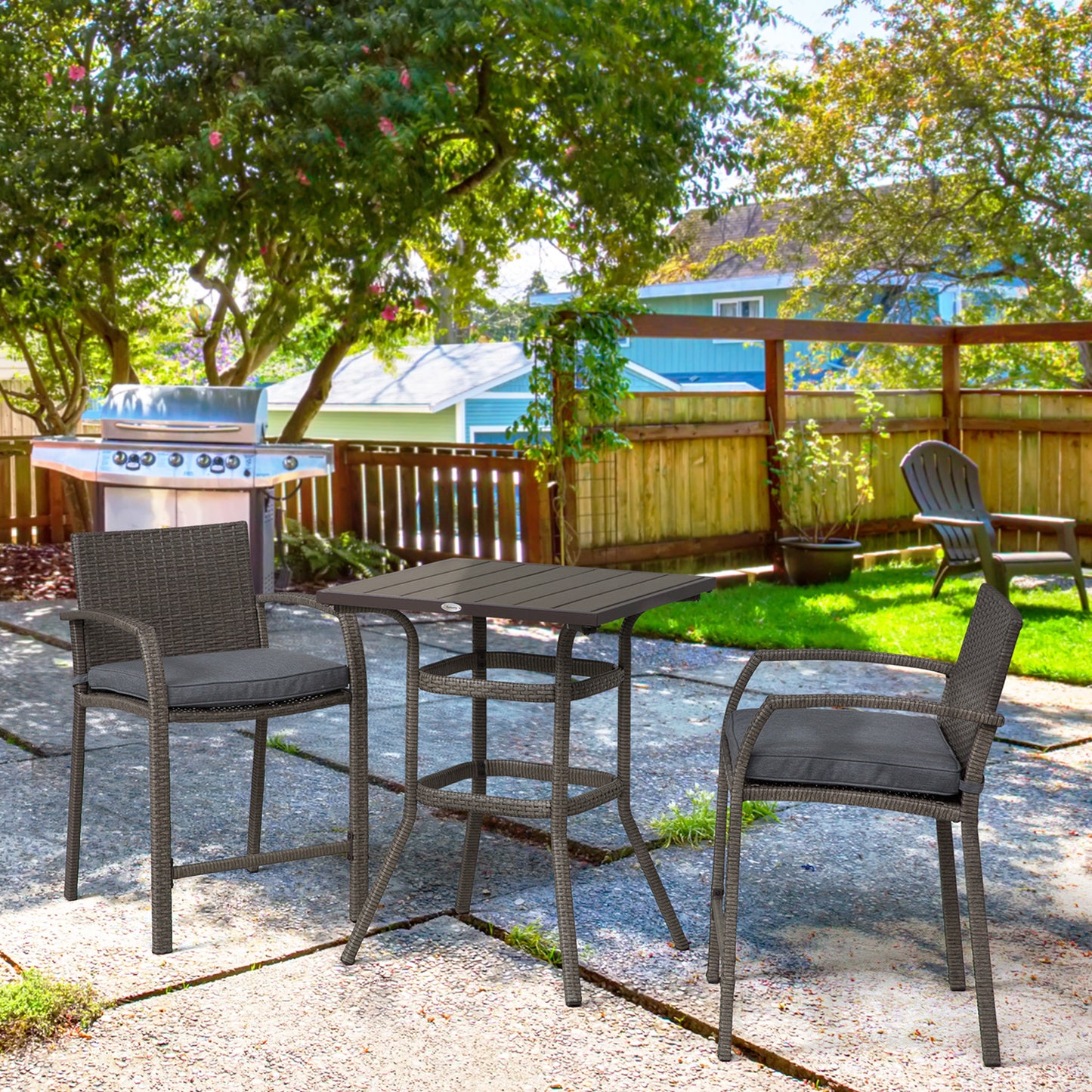 3 PCS Rattan Wicker Bar Set with Wood Grain Top Table and 2 Bar Stools for Outdoor, Patio, Poolside, Garden, Grey