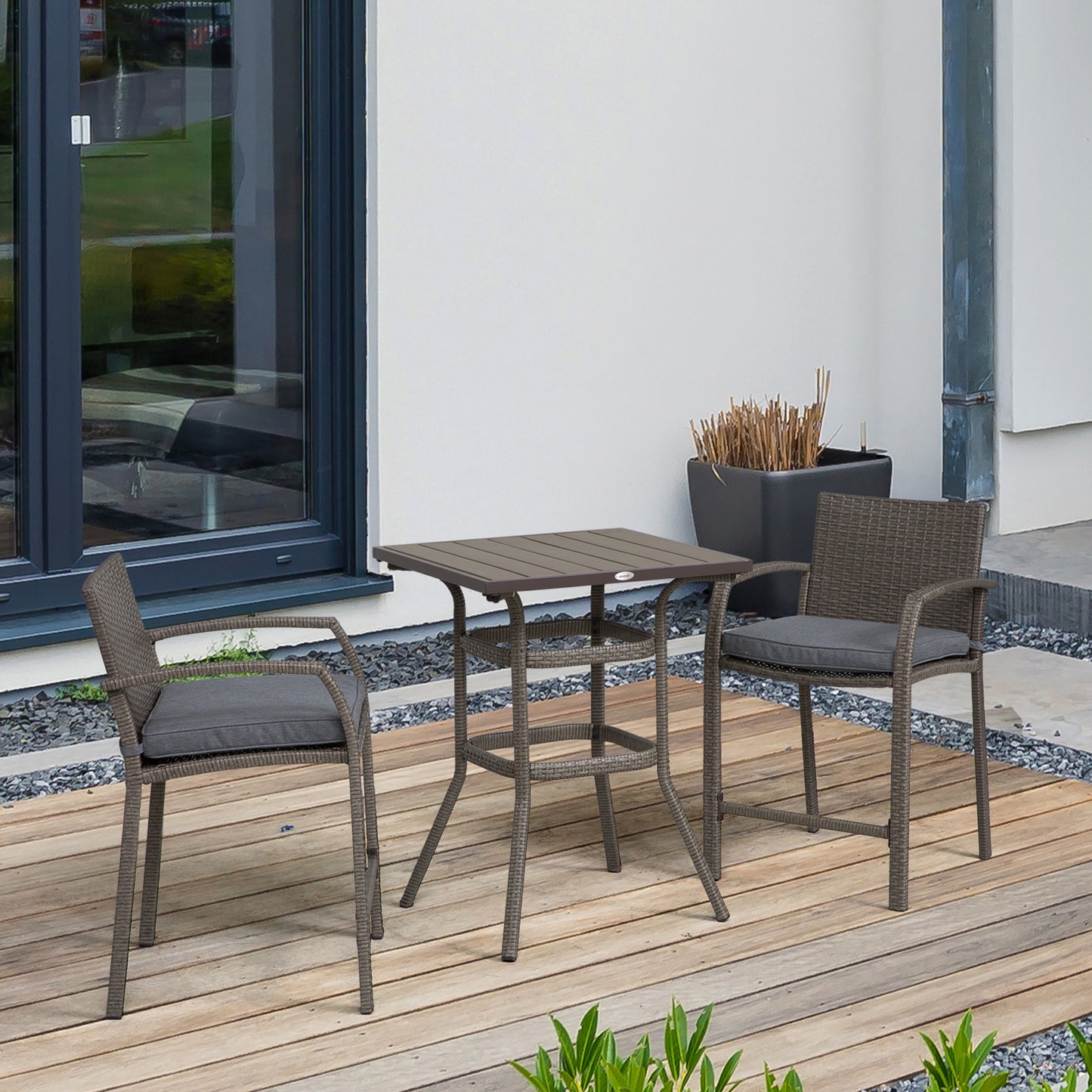 3 PCS Rattan Wicker Bar Set with Wood Grain Top Table and 2 Bar Stools for Outdoor, Patio, Poolside, Garden, Grey