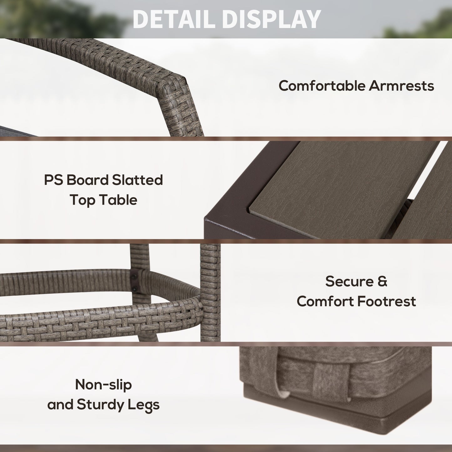 3 PCS Rattan Wicker Bar Set with Wood Grain Top Table and 2 Bar Stools for Outdoor, Patio, Poolside, Garden, Grey