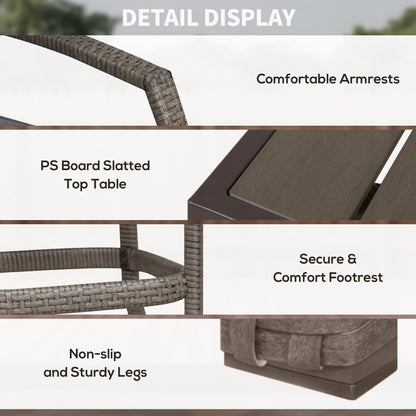 3 PCS Rattan Wicker Bar Set with Wood Grain Top Table and 2 Bar Stools for Outdoor, Patio, Poolside, Garden, Grey