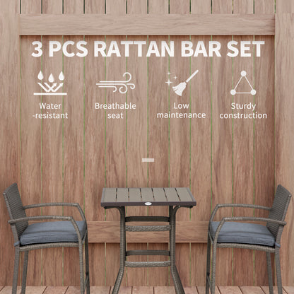 3 PCS Rattan Wicker Bar Set with Wood Grain Top Table and 2 Bar Stools for Outdoor, Patio, Poolside, Garden, Grey