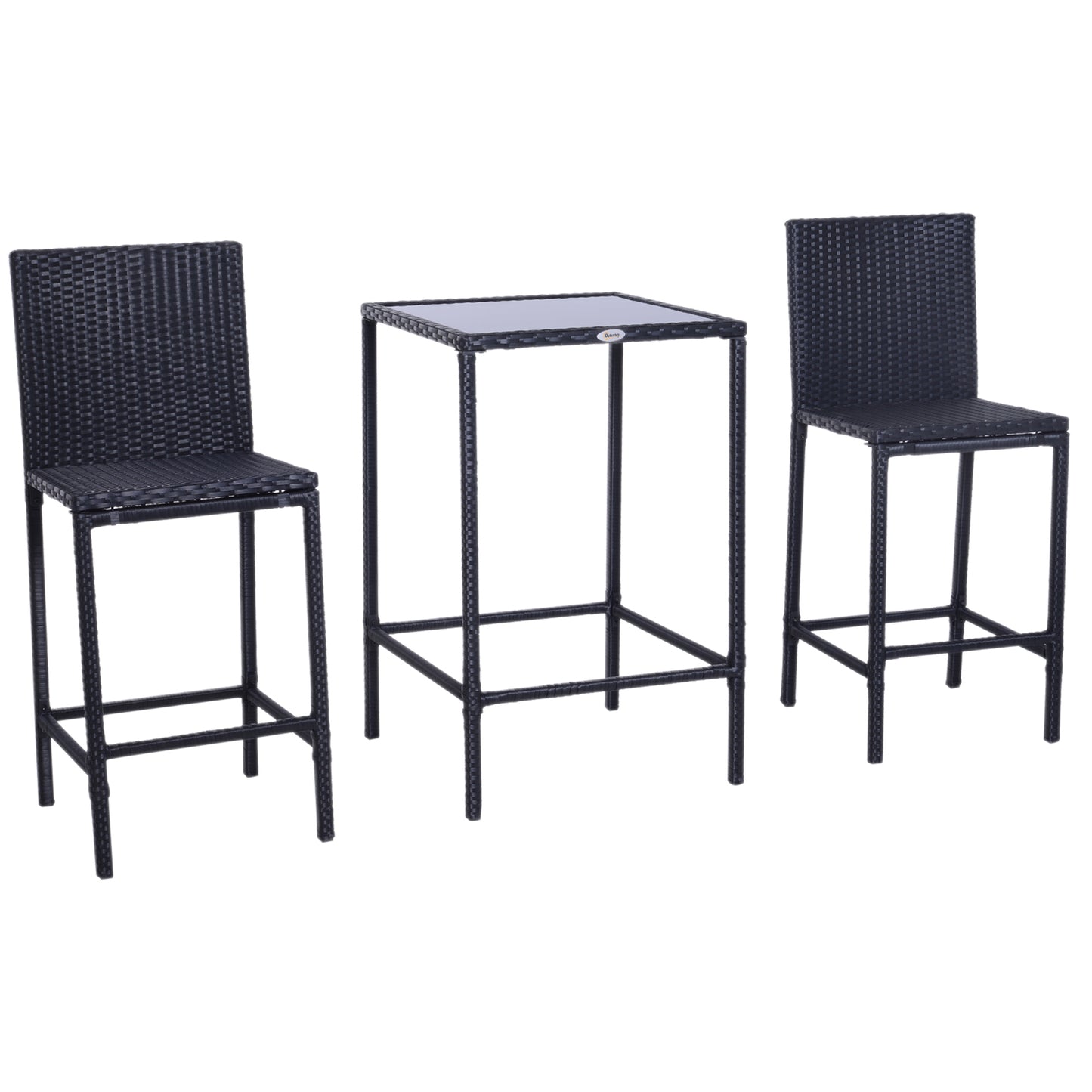 3pcs Rattan Bar Set with Glass Top Table, 2 Bar Stools for Outdoor, Patio, Garden, Poolside, Backyard