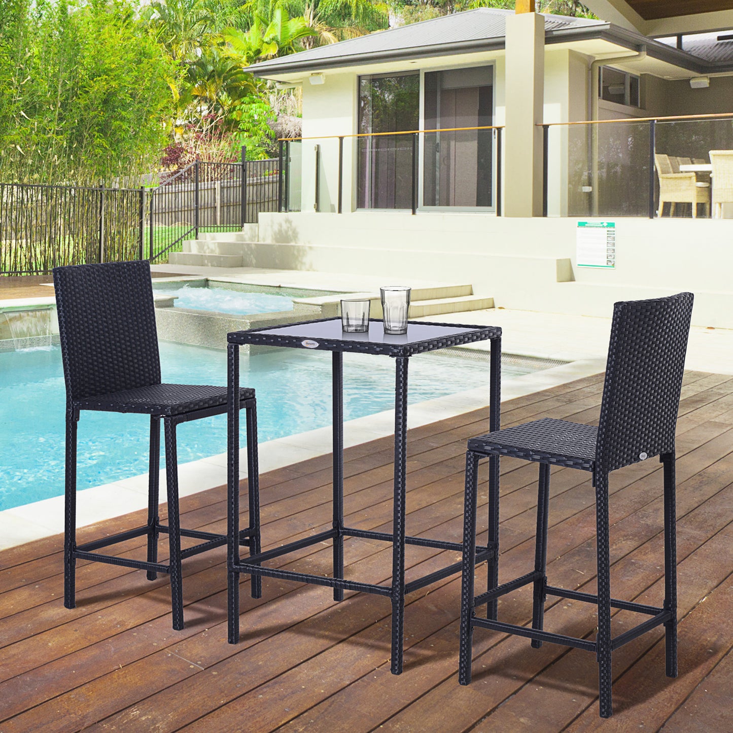 3pcs Rattan Bar Set with Glass Top Table, 2 Bar Stools for Outdoor, Patio, Garden, Poolside, Backyard