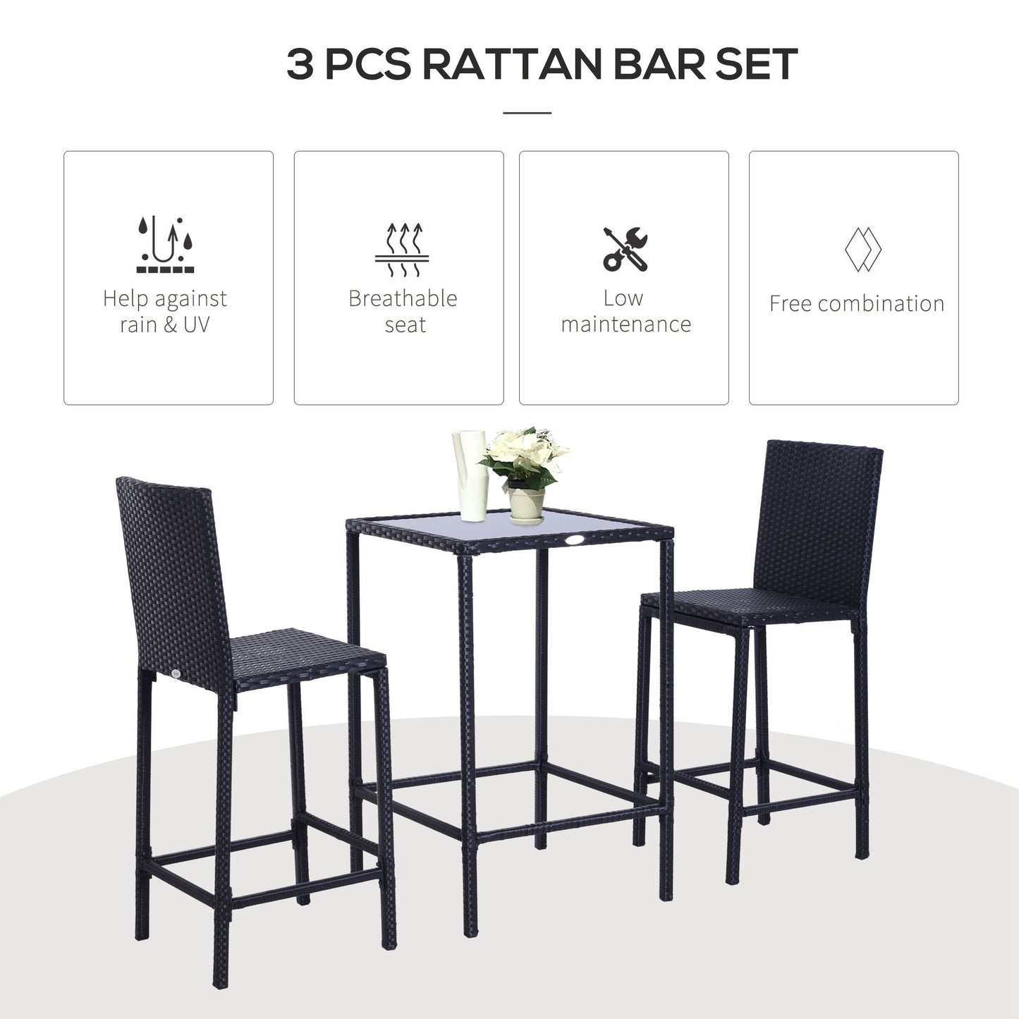 3pcs Rattan Bar Set with Glass Top Table, 2 Bar Stools for Outdoor, Patio, Garden, Poolside, Backyard