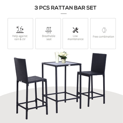 3pcs Rattan Bar Set with Glass Top Table, 2 Bar Stools for Outdoor, Patio, Garden, Poolside, Backyard