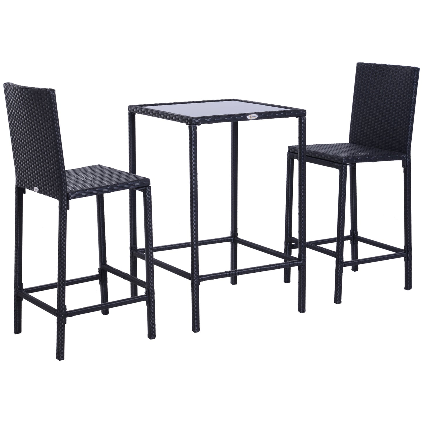 3pcs Rattan Bar Set with Glass Top Table, 2 Bar Stools for Outdoor, Patio, Garden, Poolside, Backyard