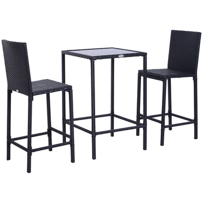 3pcs Rattan Bar Set with Glass Top Table, 2 Bar Stools for Outdoor, Patio, Garden, Poolside, Backyard