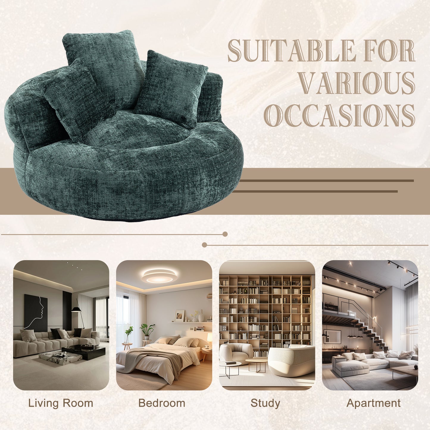 Lazy Sofa Durable Comfort Lounger High Back Bean Bag Chair Couch With Three Pillows for Adults and Kids, Indoor & Outdoor, Single Gaming Sofa Chair For Bedroom,Office (Emerald Chenille)