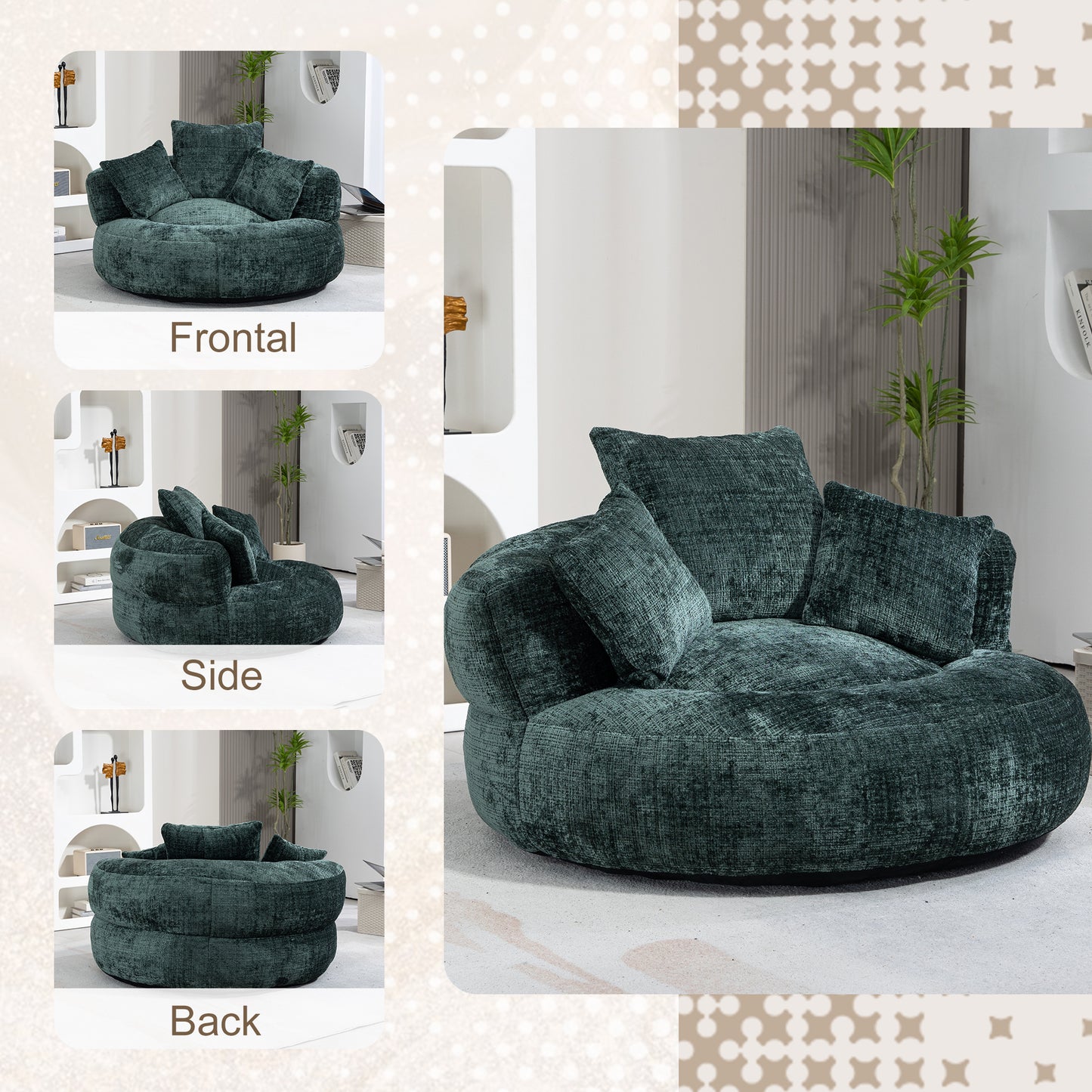 Lazy Sofa Durable Comfort Lounger High Back Bean Bag Chair Couch With Three Pillows for Adults and Kids, Indoor & Outdoor, Single Gaming Sofa Chair For Bedroom,Office (Emerald Chenille)