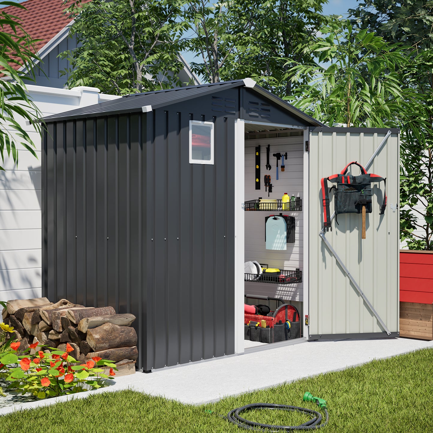Metal Outdoor Storage Shed 6FT x 4FT, Steel Utility Tool Shed Storage House , Metal Sheds Outdoor Storage for Backyard Garden Patio Lawn (6' x 4'),Gray