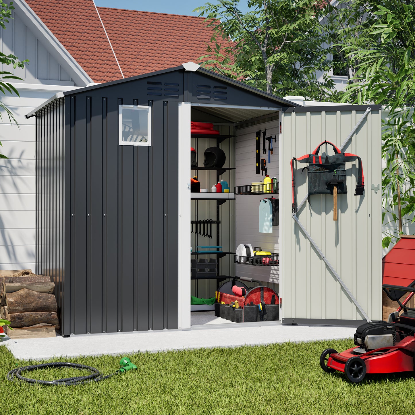 Metal Outdoor Storage Shed 6FT x 4FT, Steel Utility Tool Shed Storage House , Metal Sheds Outdoor Storage for Backyard Garden Patio Lawn (6' x 4'),Gray