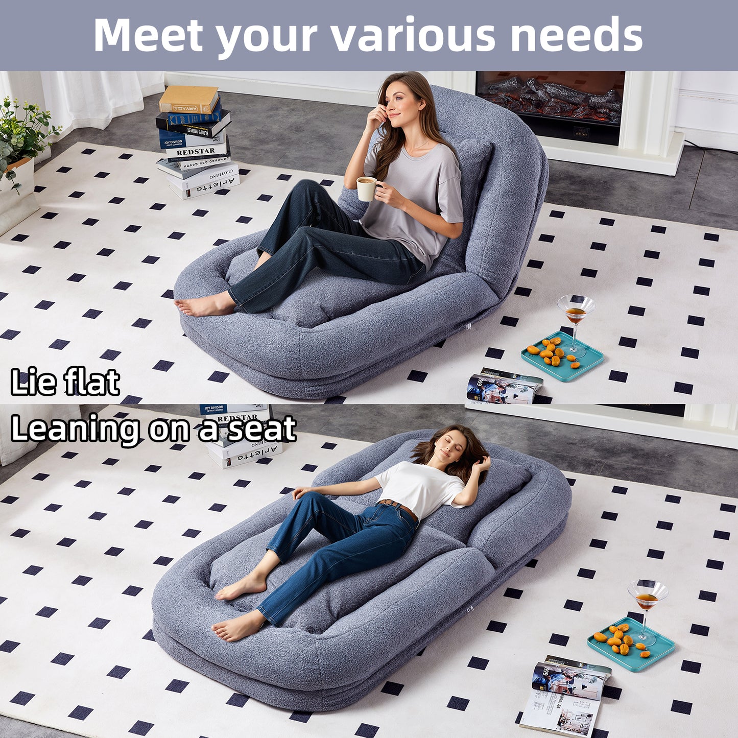 Folding Sofa Chair with 5 Adjustable Positions Plush Floor Lounge Chair for Gaming, Meditation, and Relaxation